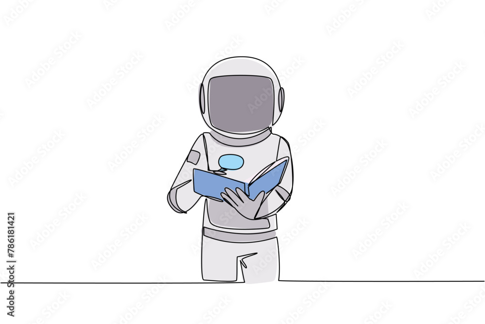 Poster single continuous line drawing astronaut reading book while holding a magnifier. small letters that 