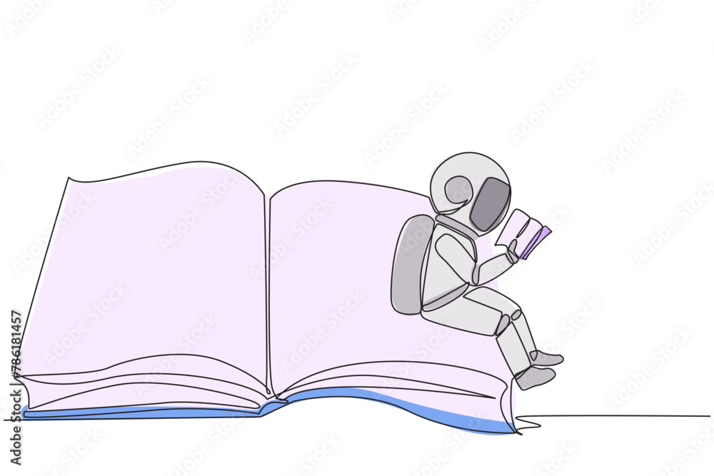 Poster single continuous line drawing young astronaut sitting on the edge of a large open book. study befor