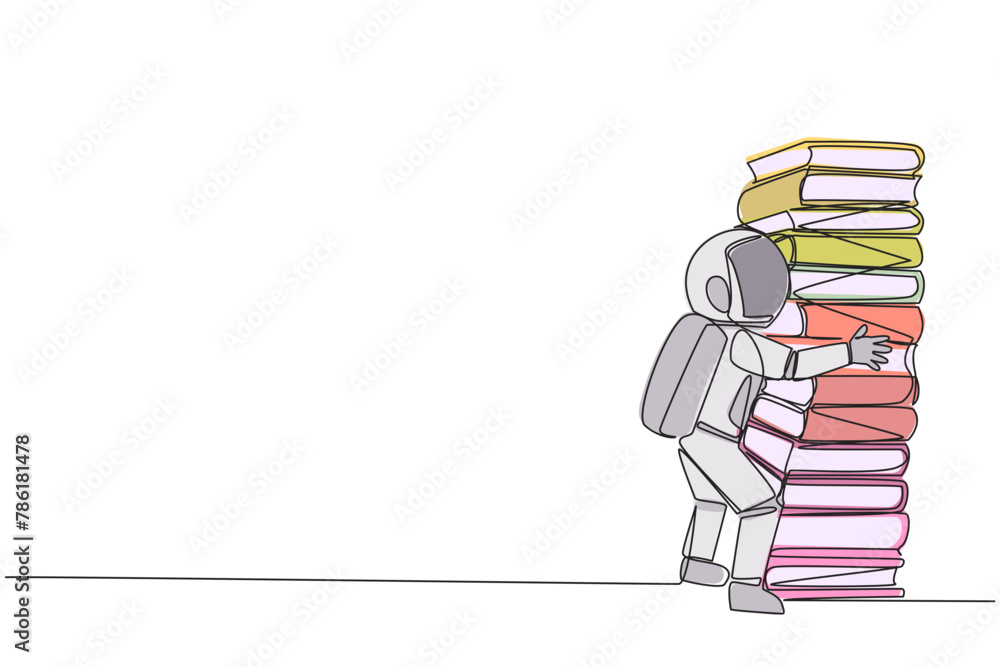 Poster single one line drawing young astronaut hugging very high pile of books. hobby to collecting and rea