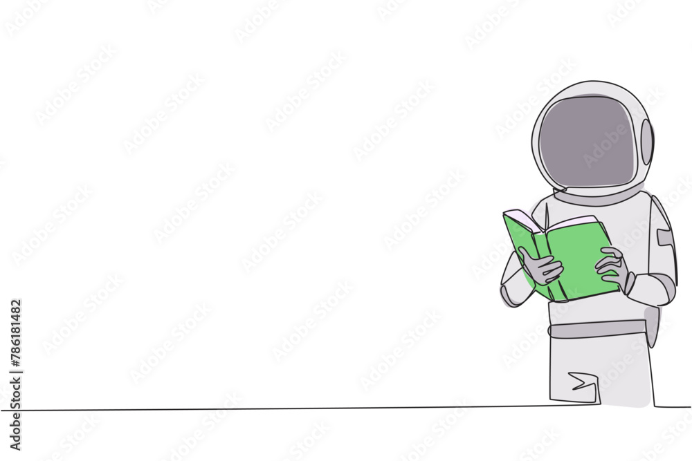 Poster continuous one line drawing young energetic astronaut focus on reading. try to find answer to tasks 