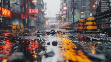 Rainy Urban Streetscape with Glowing City Lights and Reflective Wet Surfaces