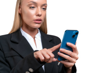A businesswoman in a suit using a smartphone, set against a white background, representing connectivity or technology in the business world