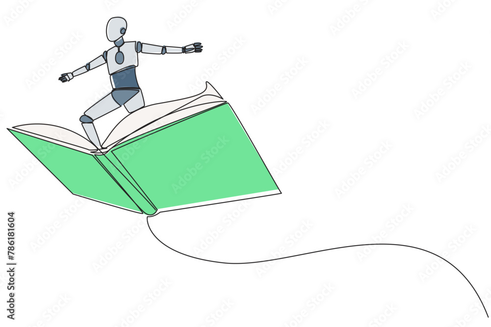 Aufkleber single one line drawing smart robotic standing on large flying open book. like riding a cloud, able 