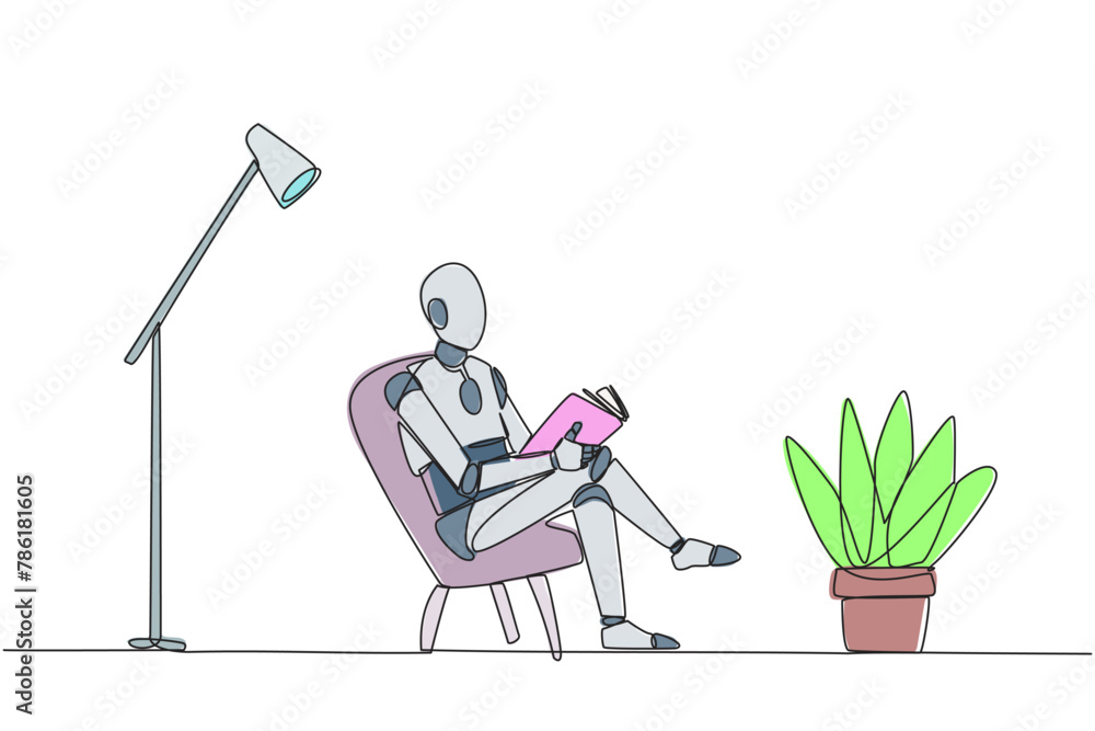 Poster single continuous line drawing smart robot sitting reading in room with the reading lamp. spending h