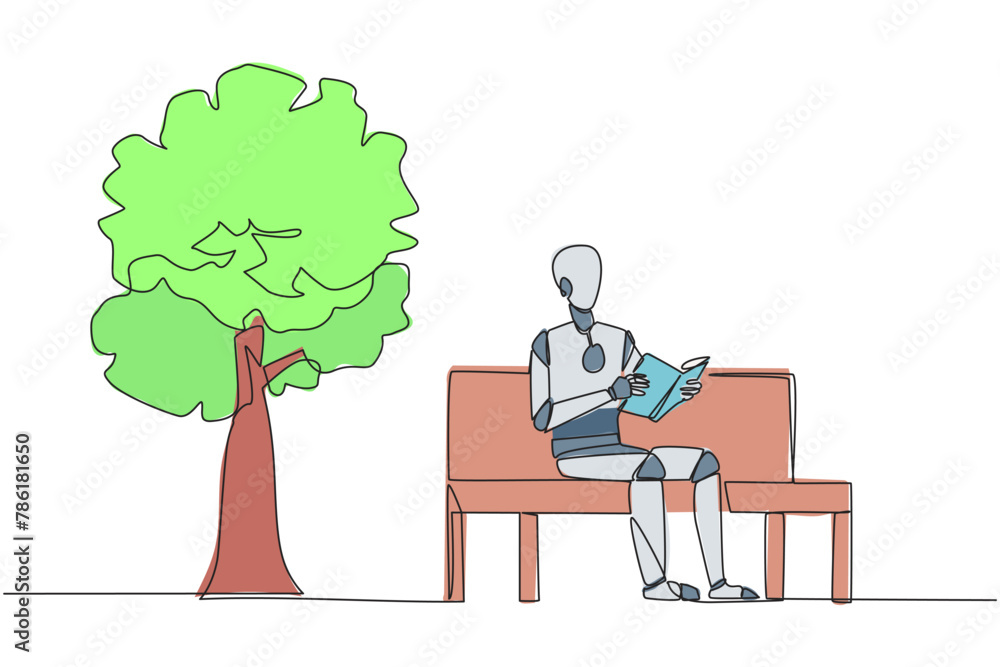 Poster continuous one line drawing robot sitting on park bench reading book. learn by re-reading textbook. 