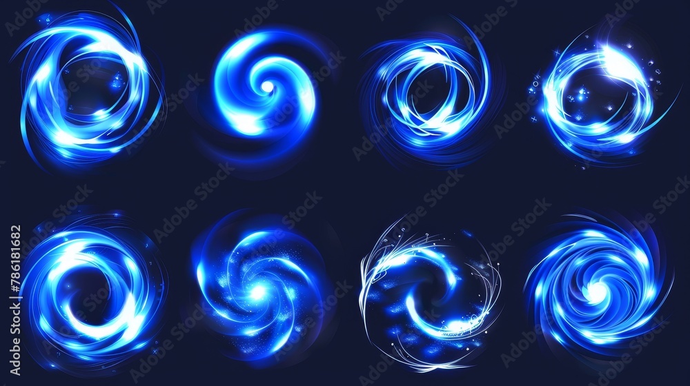 Poster a set of realistic modern illustration of magic glowing swirl lines. a flare circular and vortex spi