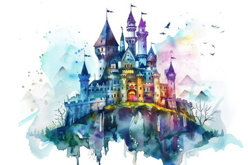 Watercolor Fairy Tale Castle on Transparent Background. PNG