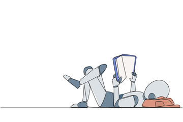 Single continuous line drawing robot lying on back reading book. Reading favorite comic. Big fan of fiction books. Enjoy the storyline. Reading increase insight. One line design vector illustration