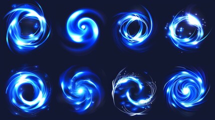 A set of realistic modern illustration of magic glowing swirl lines. A flare circular and vortex spin. An abstract 3d luminous and shine trail.