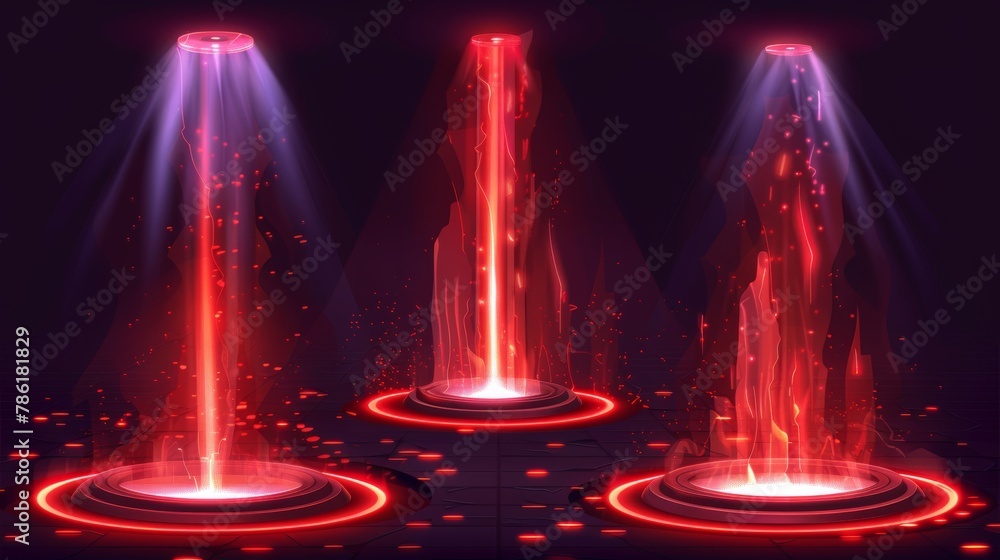 Poster Modern illustration set of neon red game portal with lightning and glow effect. Magic teleport podium with beams for gui concept. Futuristic cyberpunk round luminous port with ray and flash effect.