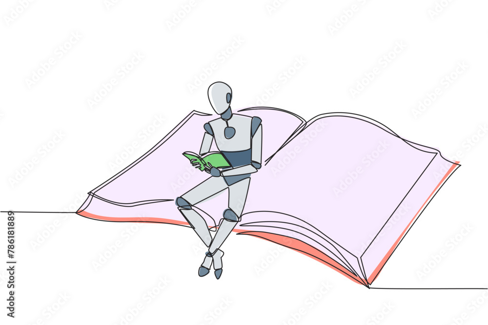 Poster single continuous line drawing smart robot sitting reading on large flying book. relax reading like 