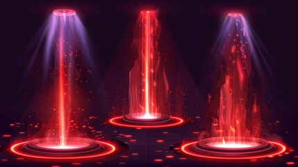 Modern illustration set of neon red game portal with lightning and glow effect. Magic teleport podium with beams for gui concept. Futuristic cyberpunk round luminous port with ray and flash effect.