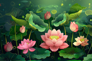 white lotos flower in pond, symbol of wesak day. 3d illustration