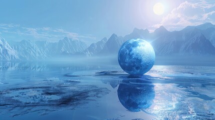 A spherical glass globe sits amidst a vast expanse of shimmering blue glass, its surface polished to perfection. Above, the sky mirrors the same serene shade of blue. 