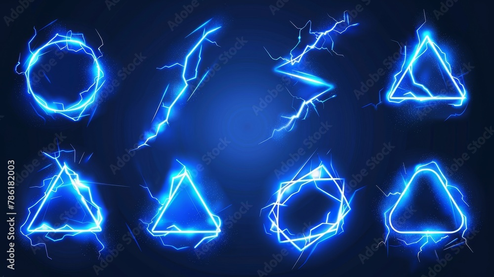 Poster an electric energy power framework with glowing neon lightning frames. realistic modern set of round