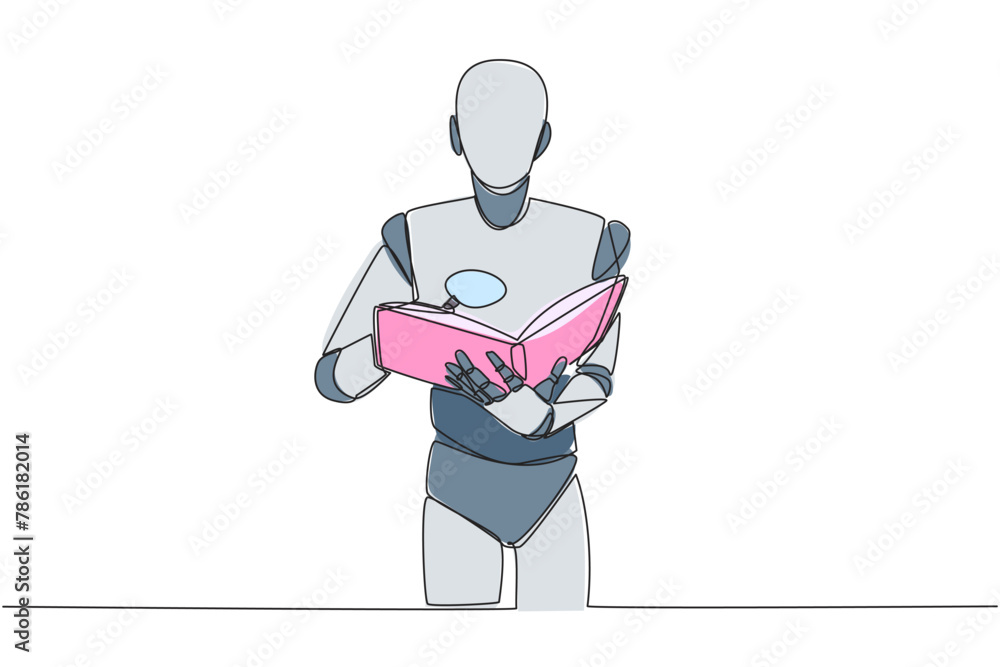 Poster single continuous line drawing smart robot reading book while holding a magnifier. small letters tha