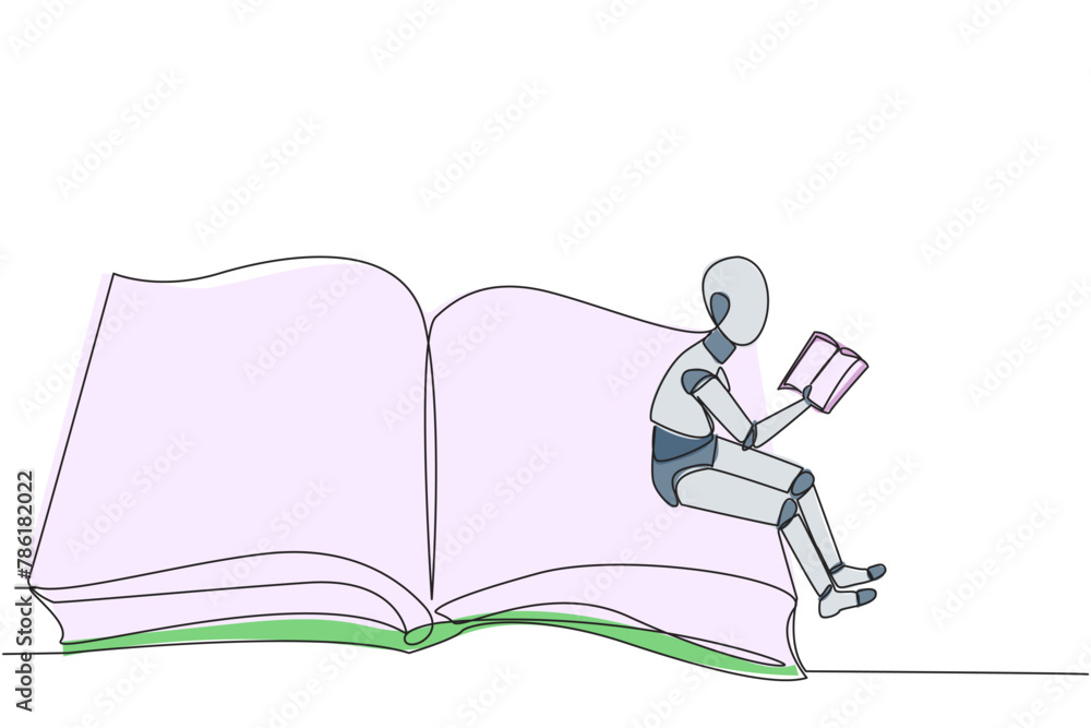 Poster single one line drawing smart robot sitting on the edge of a large open book. study before exam time