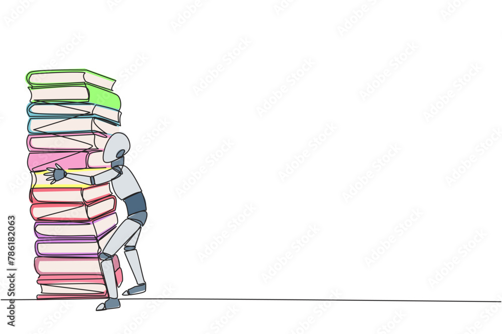Poster continuous one line drawing smart robot hugging very high pile of books. hobby to collecting and rea