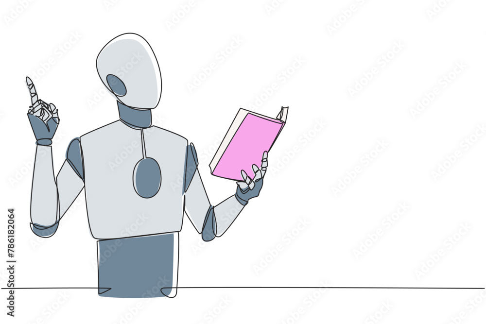 Poster continuous one line drawing robot standing reading book. gesture gets idea. book can see from differ