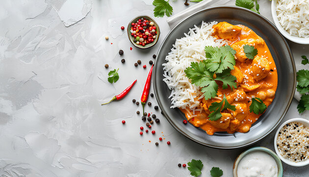 butter chicken with indian rice on light background