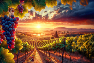 A beautiful sunset in the vineyards of Provence. Focus concept