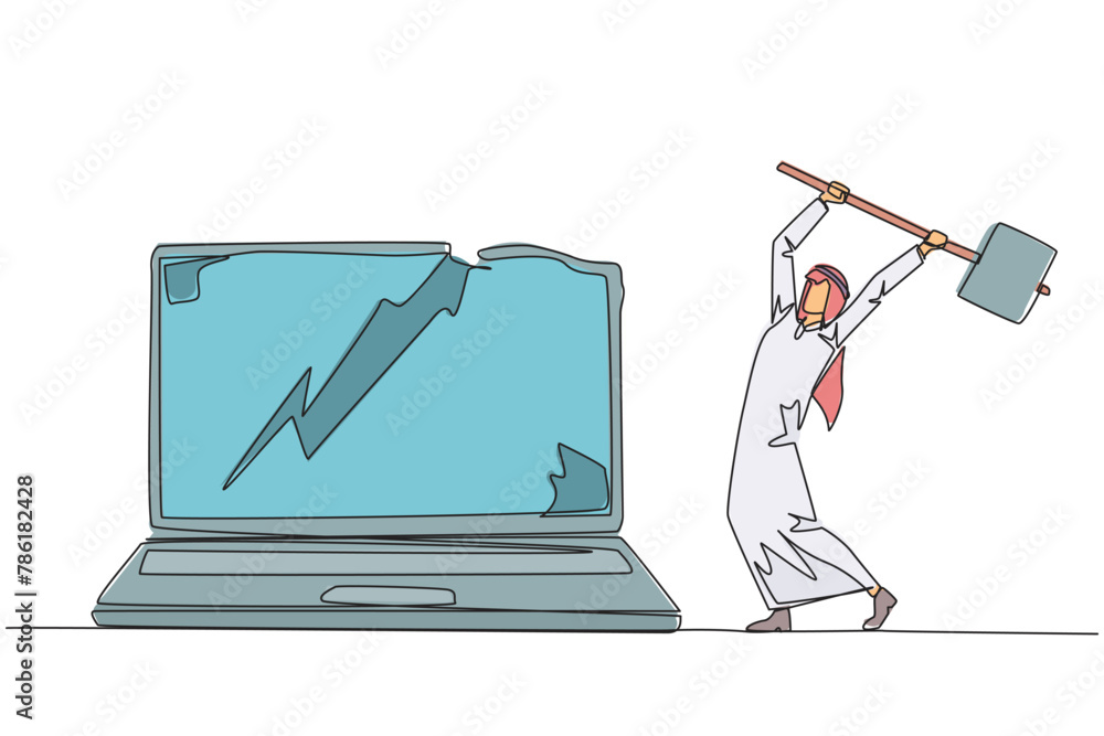 Poster single one line drawing arab businessman preparing to hit laptop. rampage. destroying technology tha