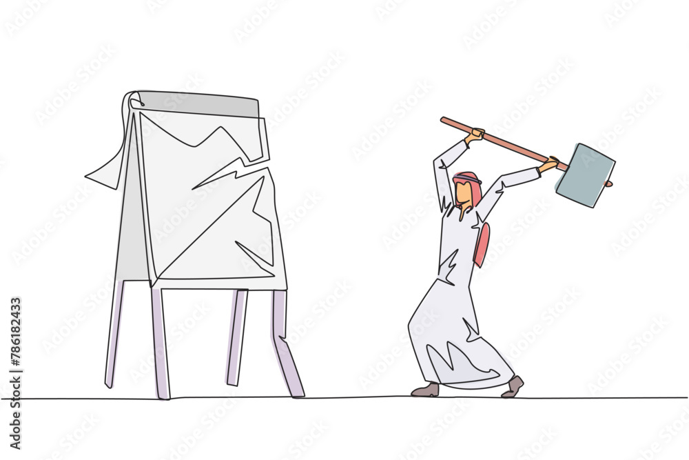 Poster continuous one line drawing arab businessman preparing to hit the big flip chart. rampage. destroy b