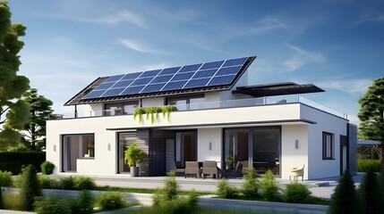 newly constructed homes with solar panels with green trees on sky background