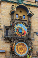 Fototapeta na wymiar Prague astronomical clock or Prague Orloj is a medieval astronomical clock attached to the Old Town Hall in Prague, Czech Republic