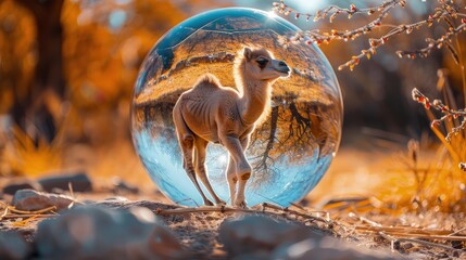 Deep within the tranquil embrace of an autumn forest, a glass globe rests upon a bed of fallen leaves. Inside, a magnificent camel stands proudly, its hump towering above the colorful foliage. 