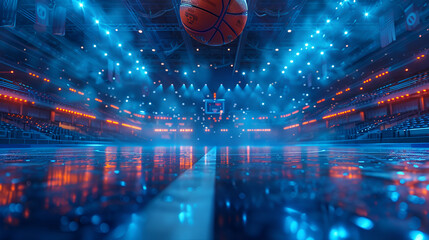 Basketball Arena with Basketball Ball,
Wallpaper of Basketball Court Basketball Arena Background Courtside Seat Content Creator Concept
