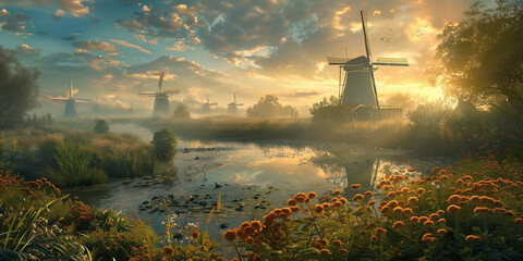 Windmills in the Dutch countryside