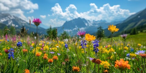 A variety of wild flowers blooming in alpine meadows with a big space and sky backdrop for text or floral backdrop for product advertisement, Generative AI. - obrazy, fototapety, plakaty