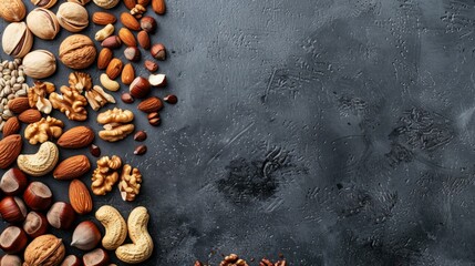 Different kinds of nuts on a black background, close-up view, copy space