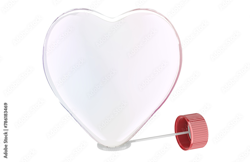 Poster heart shaped soap bubble with bubble wand, 3d rendering isolated on the transparent background