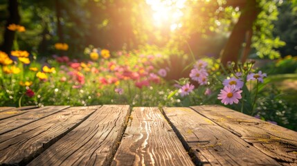 Wooden table in the garden at sunset. Selective focus.