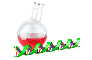 DNA spiral with chemical flask. Biotechnology research, concept. 3D rendering isolated on transparent background
