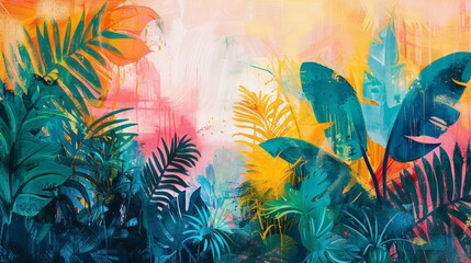 Tropical abstract leaves background. Colorful tropical leaves on textured modern background.