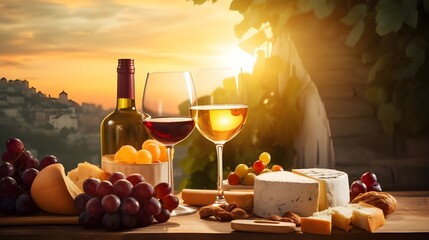 still life with wine and cheese - obrazy, fototapety, plakaty