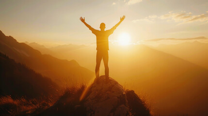 A man standing proudly atop a mountain as the sun sets, casting a warm glow over the rugged landscape - Powered by Adobe