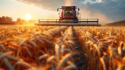 A combine harvester works in a wheat field at sunset