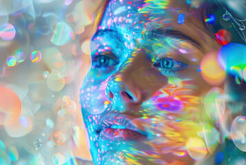 Charming womans face is completely covered in a variety of vibrant and colorful bubbles, giving her a whimsical and playful appearance
