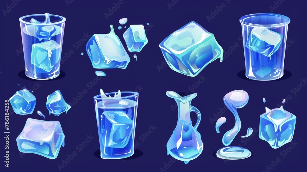 Poster clipart illustration of ice cube melting in water. glass container with frozen square ice cubes. sci