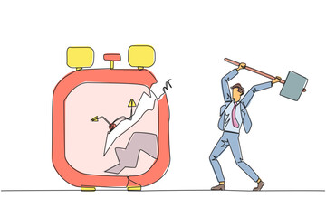 Single continuous line drawing businessman preparing to hit the big alarm clock. Can't manage time well. Many business opportunities disappear. Angry businessman. One line design vector illustration
