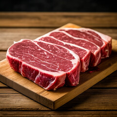 Raw Tenderloin Steak with arugula on wooden cutting board