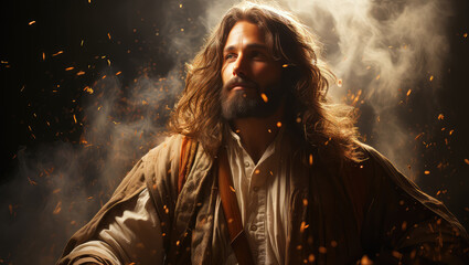 Fototapeta premium A man with long hair and beard standing stoically in front of billowing smoke, creating a striking visual contrast