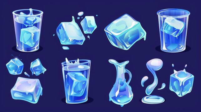 Clipart illustration of ice cube melting in water. Glass container with frozen square ice cubes. Science experiment with frozen liquid.