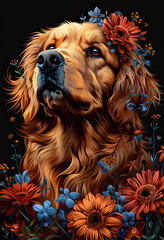 golden retriever dog with flower wreath t-shirt print art 