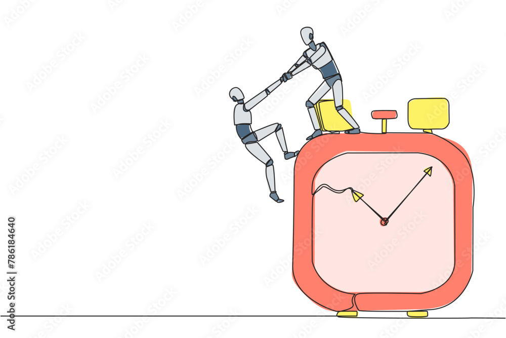 Poster continuous one line drawing smart robot helps colleague climb big alarm clock. helping coworkers. de