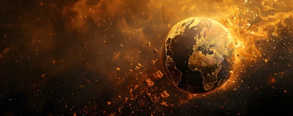 Foto op Plexiglas Disintegrating Earth Globe Engulfed in Flames Symbolizing Global Warming s Devastating Impact © Thares2020